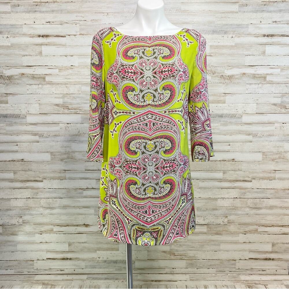 Soft Surroundings Silk Printed Shift Tunic or Dress Womens Size S Lime & Pink